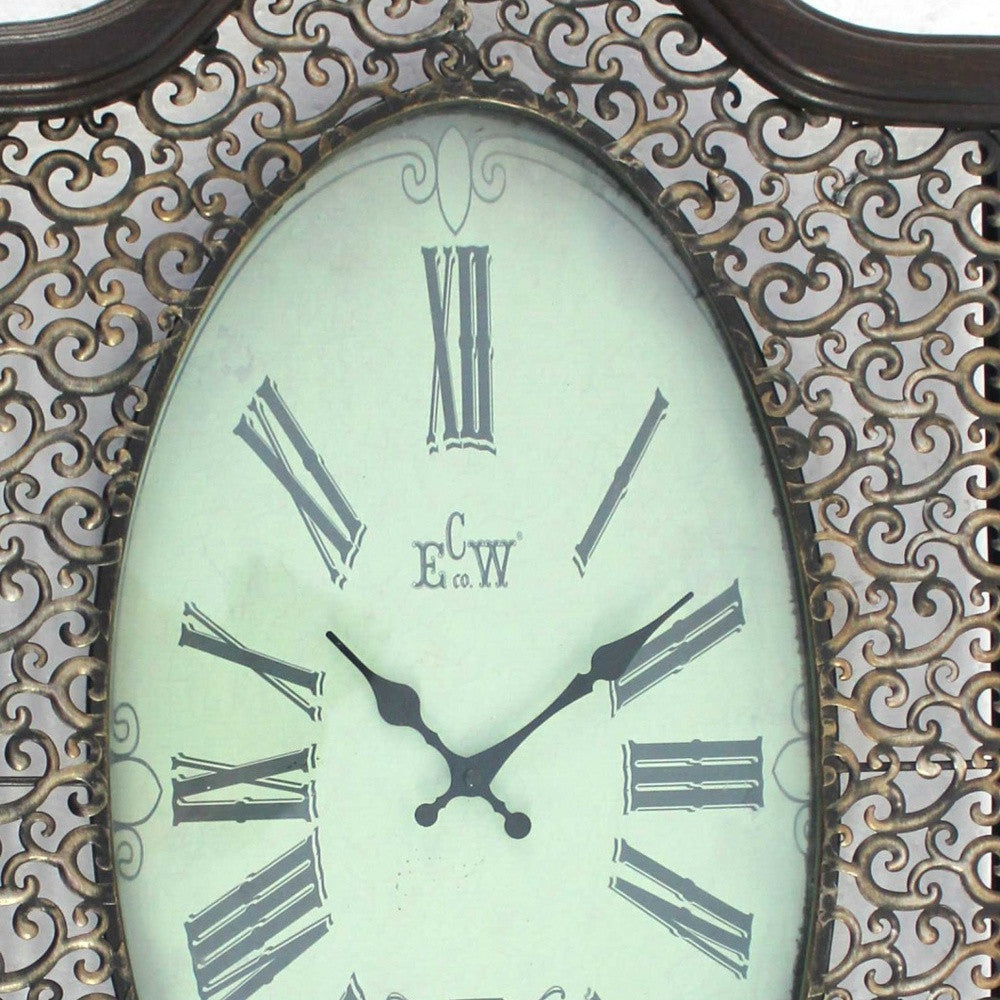 20" Oval Antiqued Bronze Wood and Glass Analog Wall Clock-4