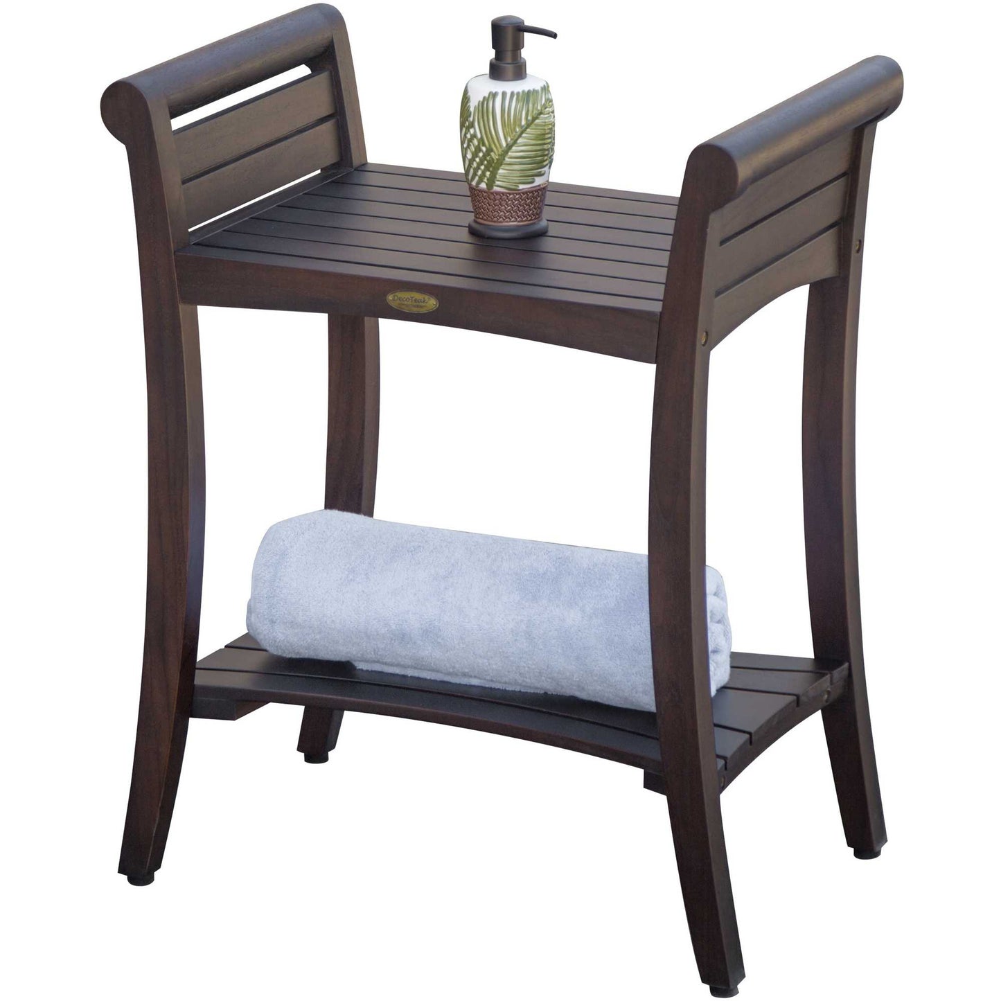 Rectangular Teak Shower Bench With Shelf And Handles In Brown Finish-4