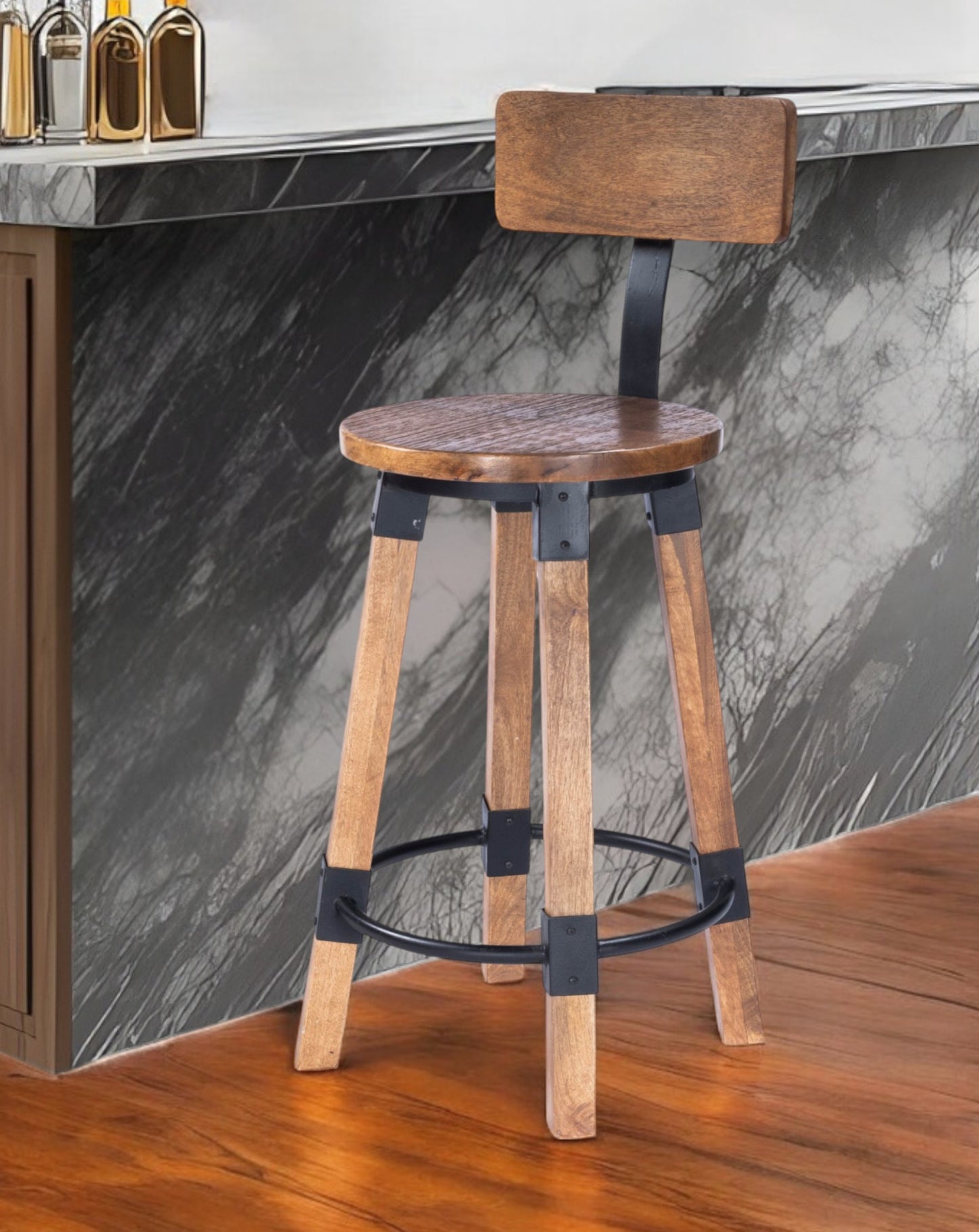 28 Brown Natural Solid Wood Iron Bar Stool Chair-1