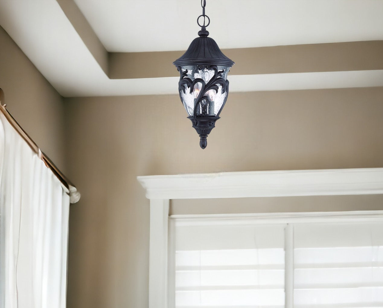 Three Light Matte Black Leaf Detail Hanging Light-1
