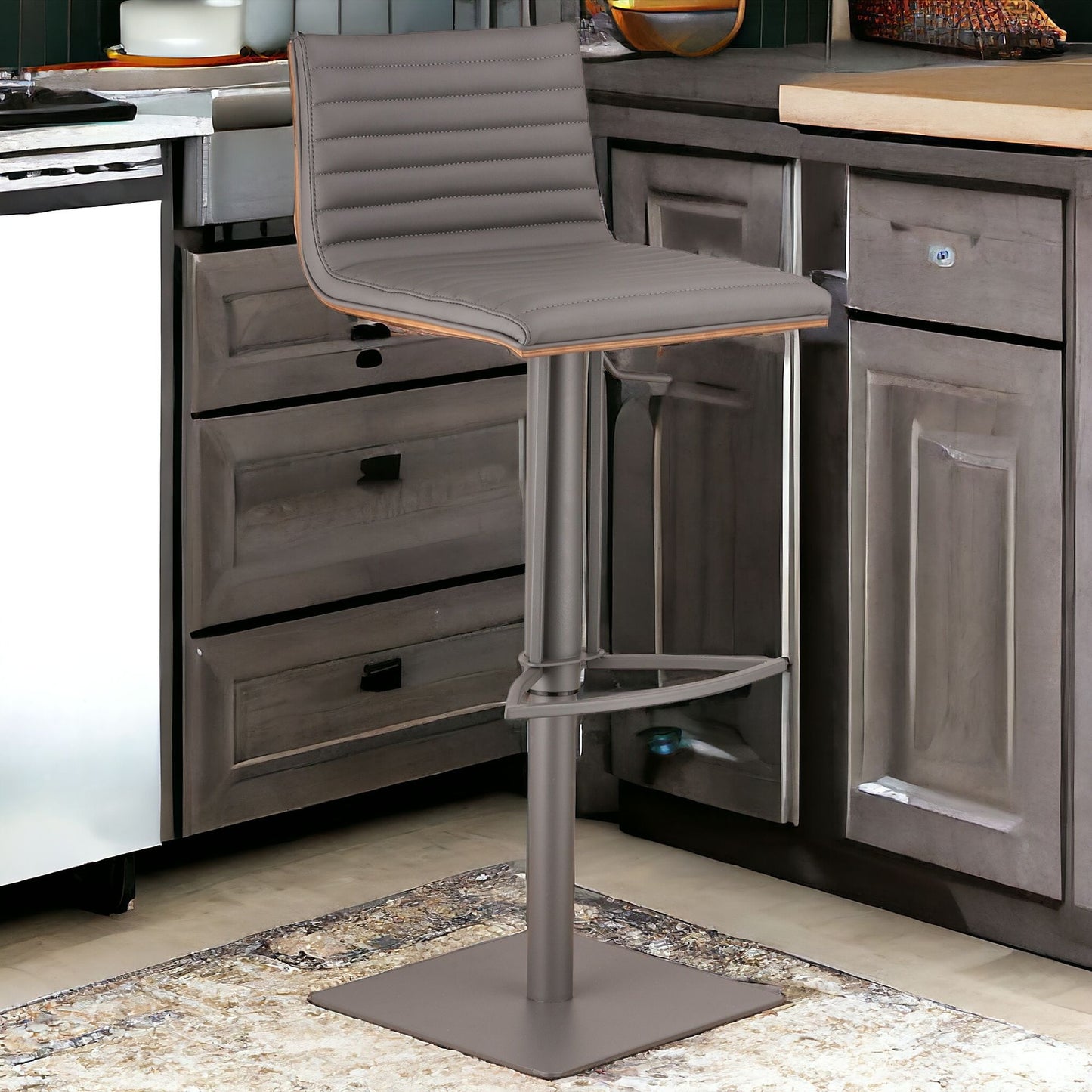 Grey Faux Leather Swivel Adjustable Height Metal Base Bar Chair