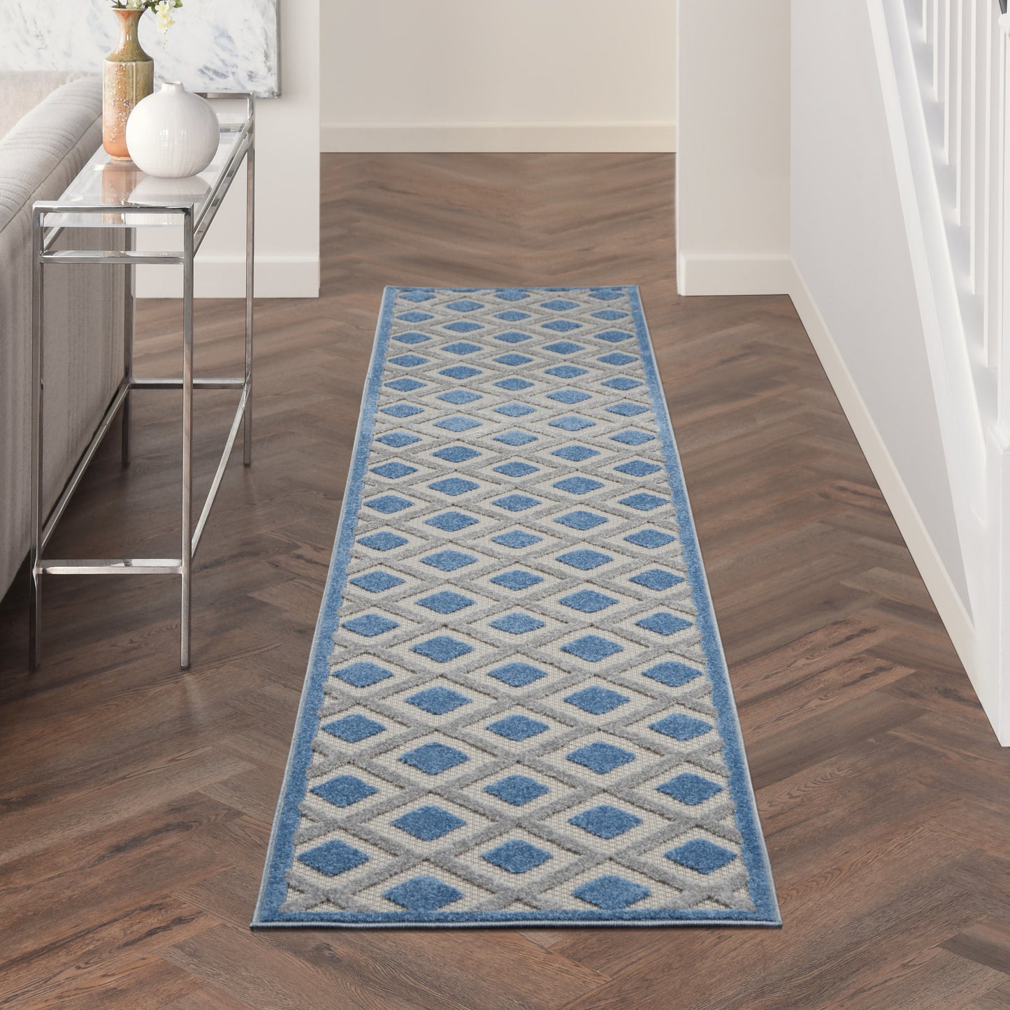 10-Foot Blue Grey Indoor Outdoor Rug Runner Machine Made Durable