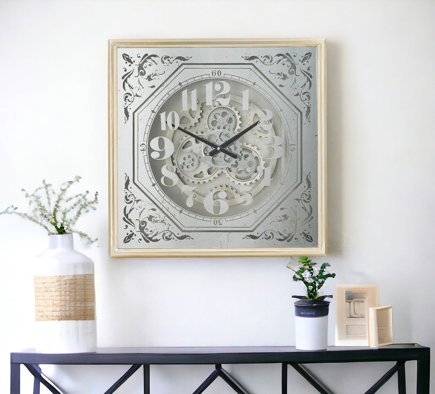 24" Square Gold and Silver Wood and Mirror Exposed Gear Wall Clock-2
