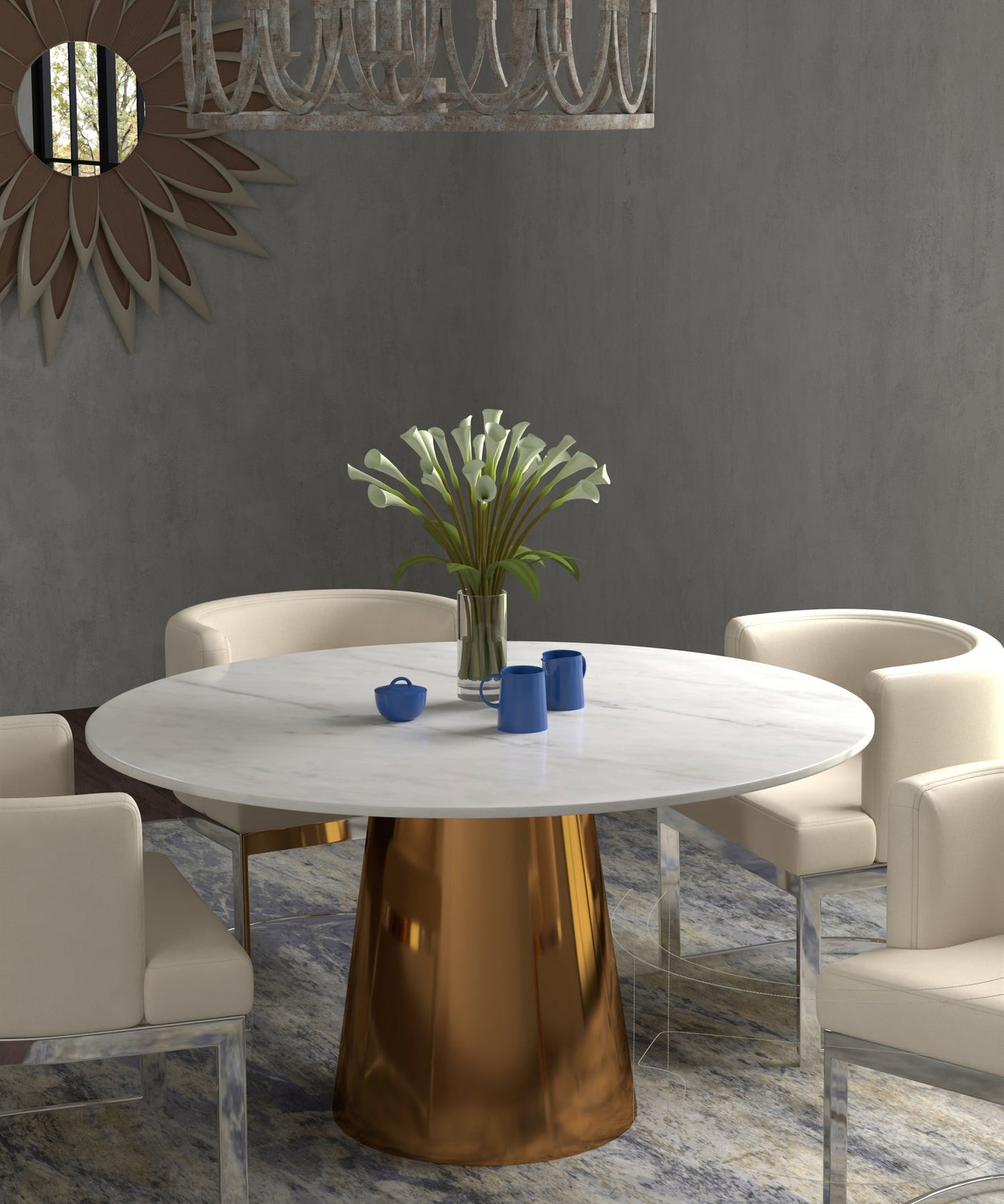 54" White Gray and Gold Marble And Metal Pedestal Base Round Top Dining Table-3