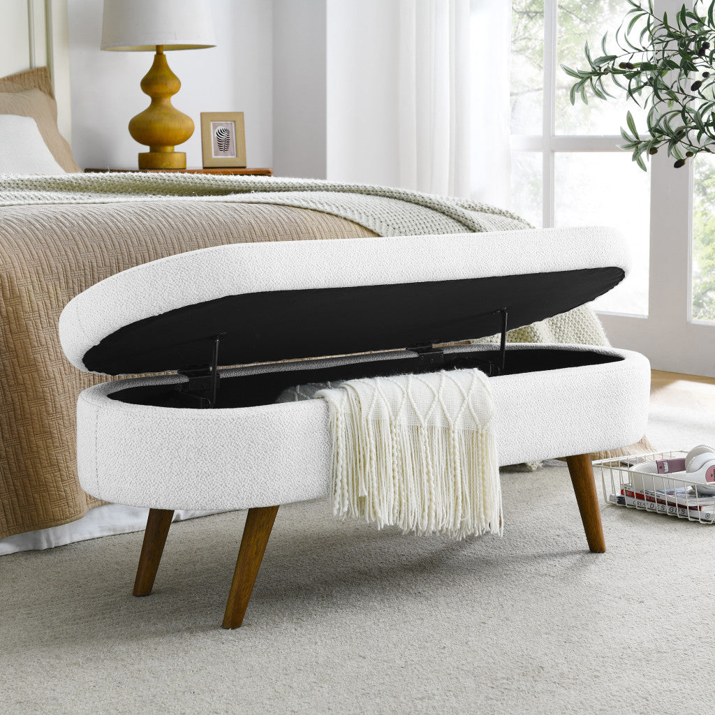 44 White Brown Linen Upholstered Storage Bench Flip Top