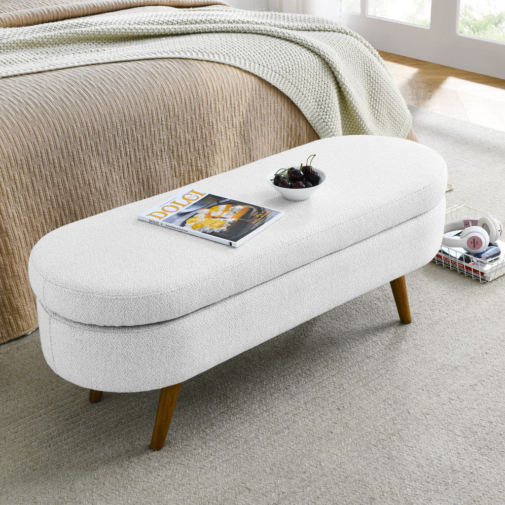 44 White Brown Linen Upholstered Storage Bench Flip Top