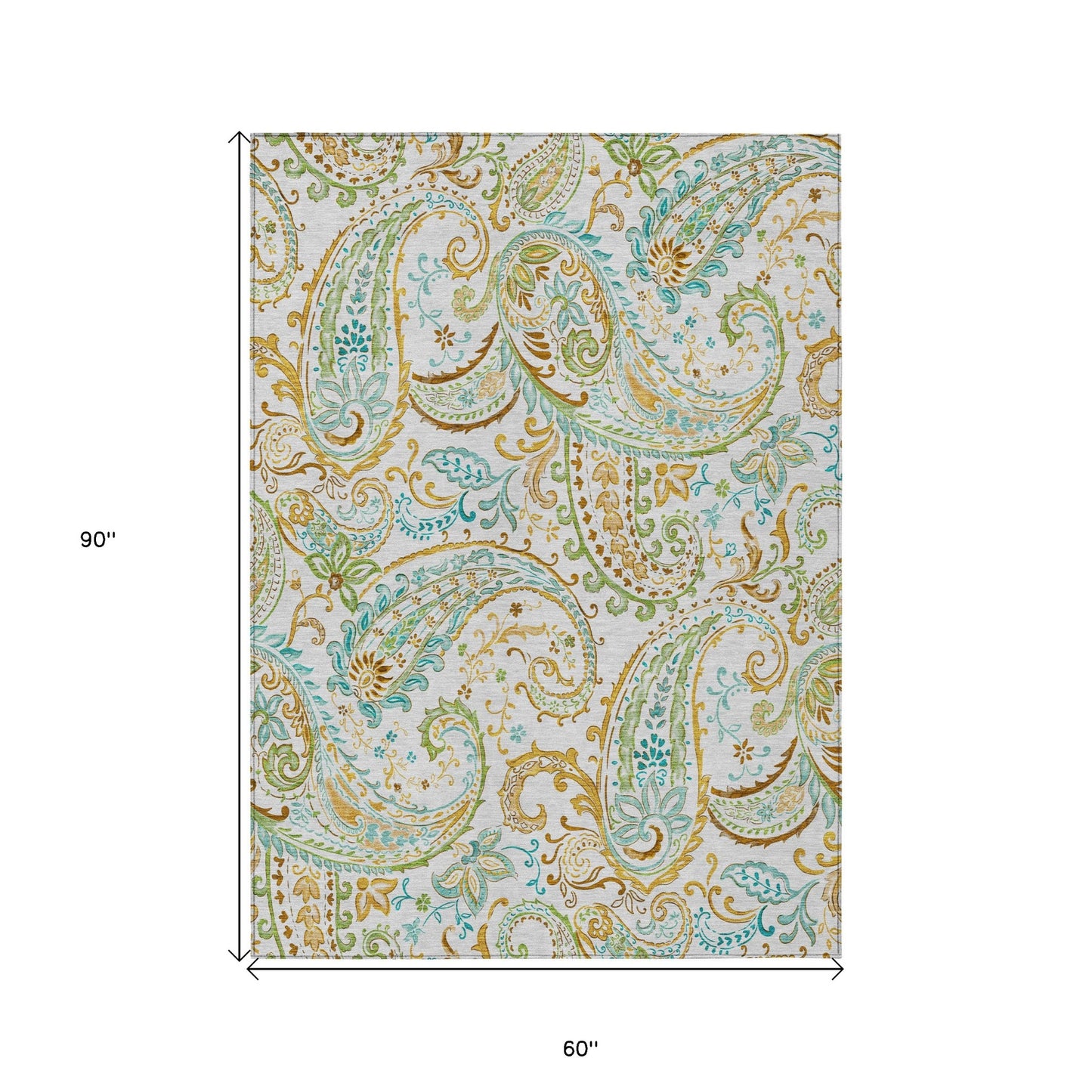 5' X 8' Ivory and Gold Paisley Washable Non Skid Indoor Outdoor Area Rug-2