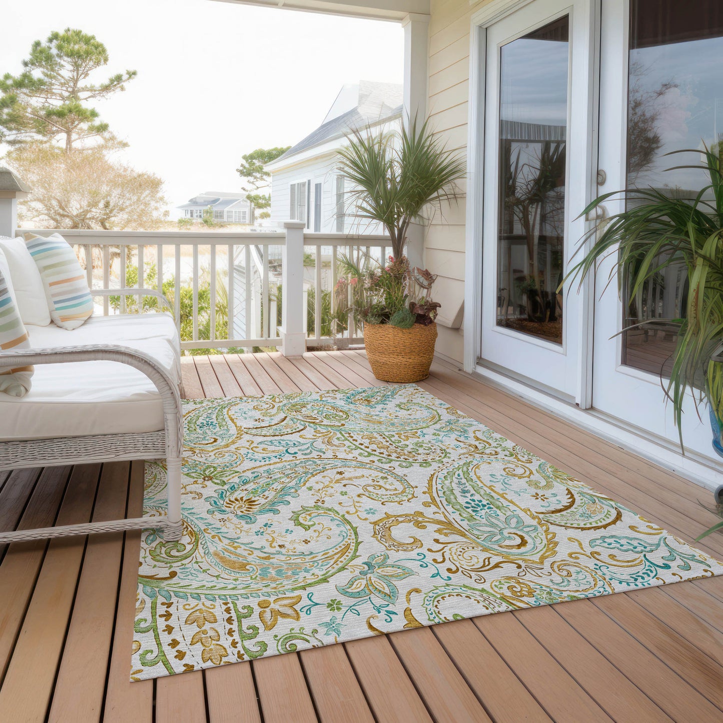 5' X 8' Ivory and Gold Paisley Washable Non Skid Indoor Outdoor Area Rug-8