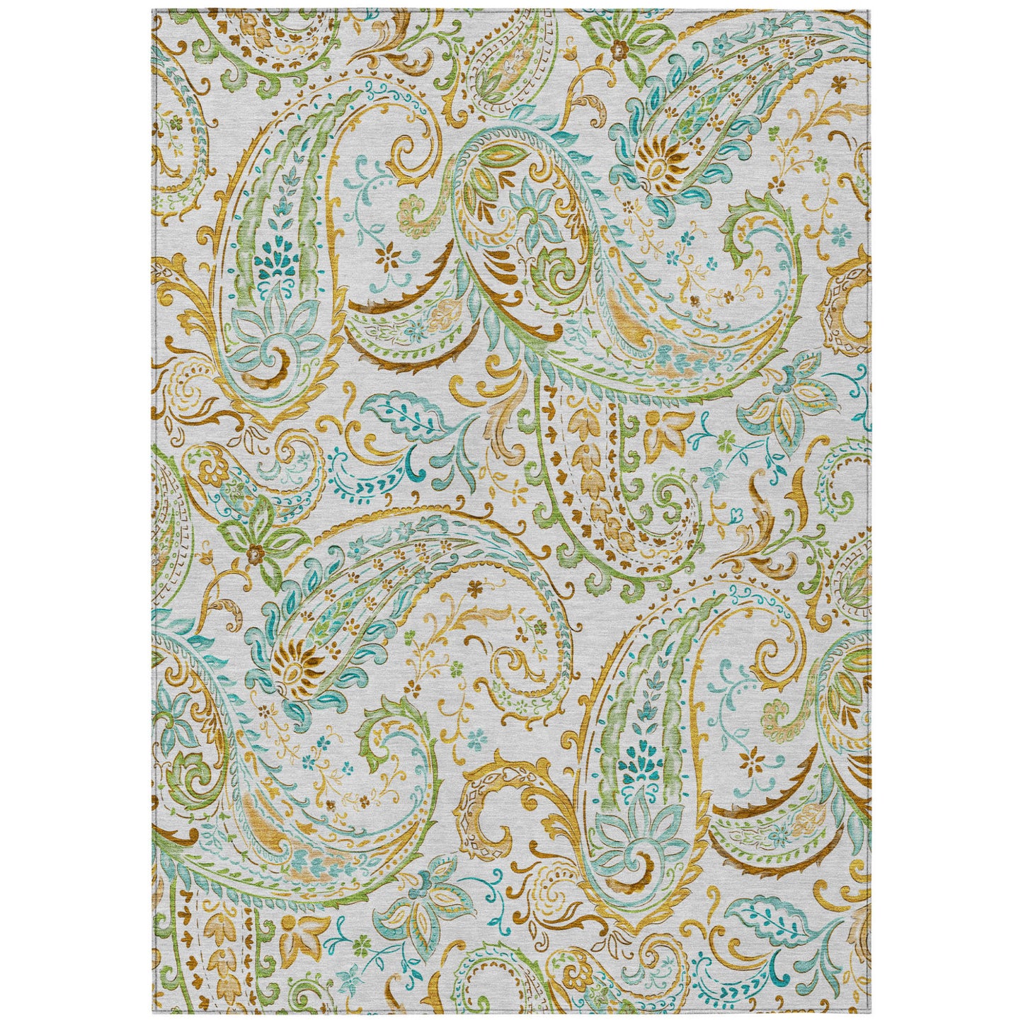 5' X 8' Ivory and Gold Paisley Washable Non Skid Indoor Outdoor Area Rug-1
