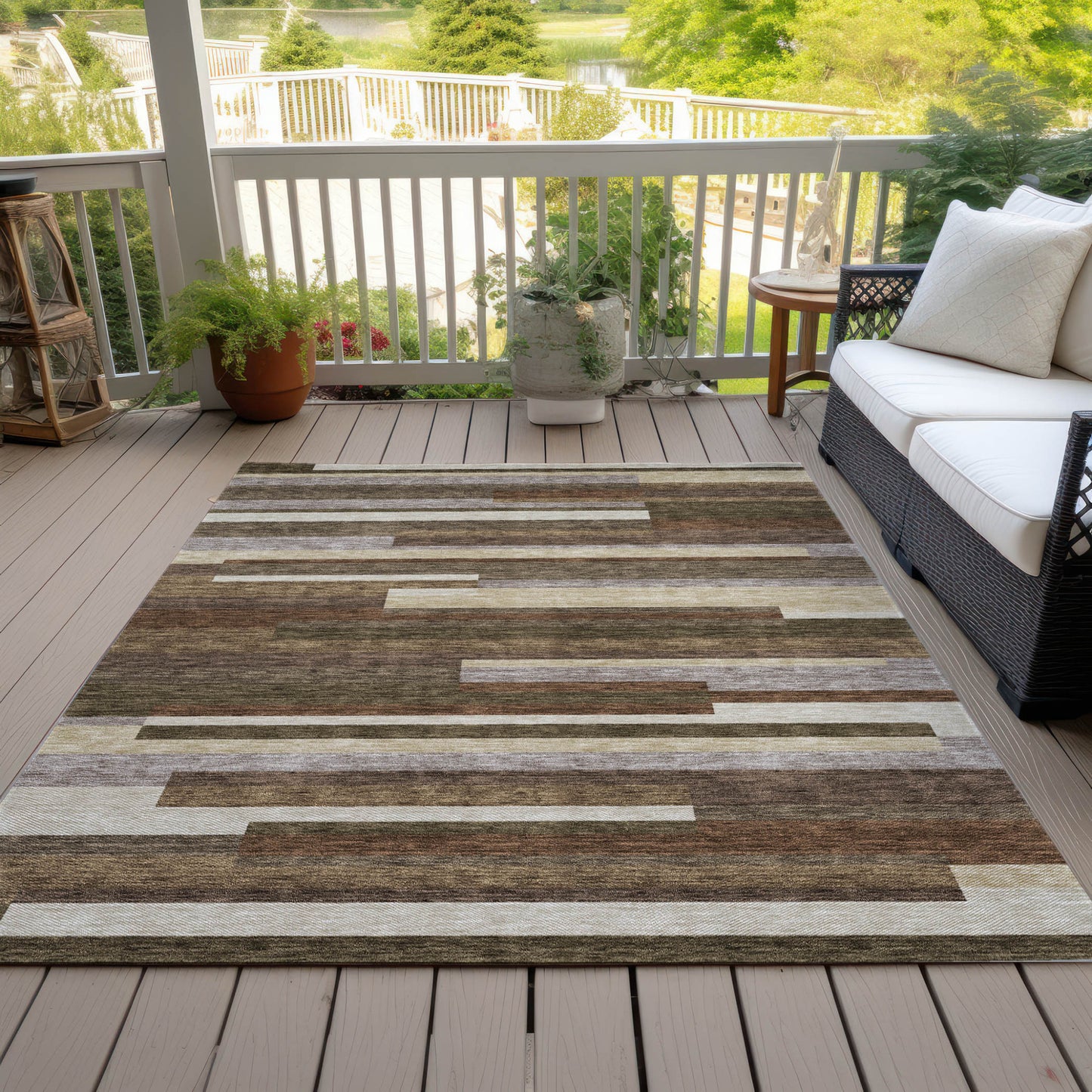 9x12ft Brown Beige Copper Striped Area Rug Indoors Outdoors Water Repellent Stain Resistant Non Slip