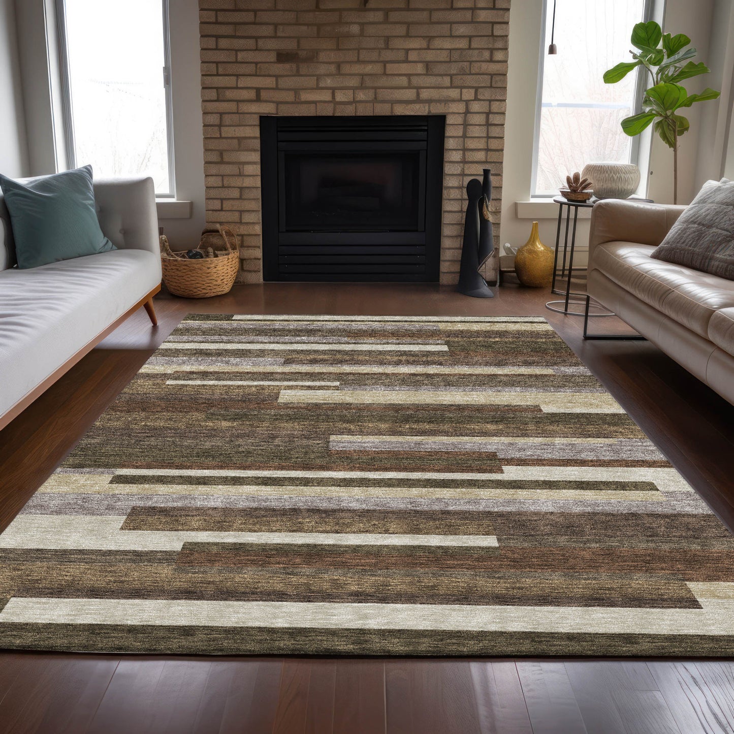 9x12ft Brown Beige Copper Striped Area Rug Indoors Outdoors Water Repellent Stain Resistant Non Slip