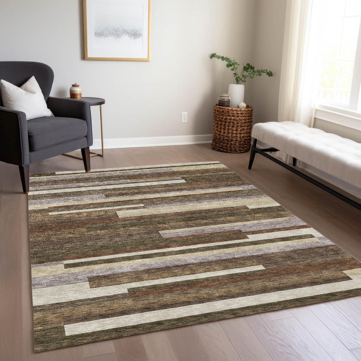 9x12ft Brown Beige Copper Striped Area Rug Indoors Outdoors Water Repellent Stain Resistant Non Slip