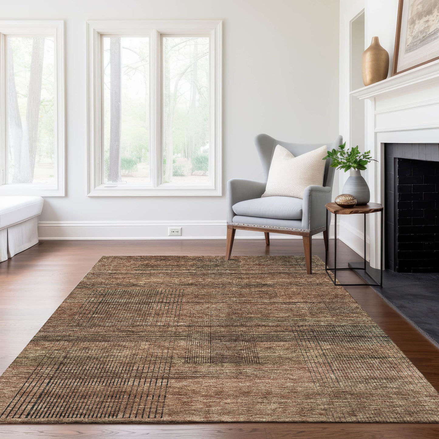 Orange Copper Brown Striped Washable Indoor Outdoor Rug 9x12 Feet