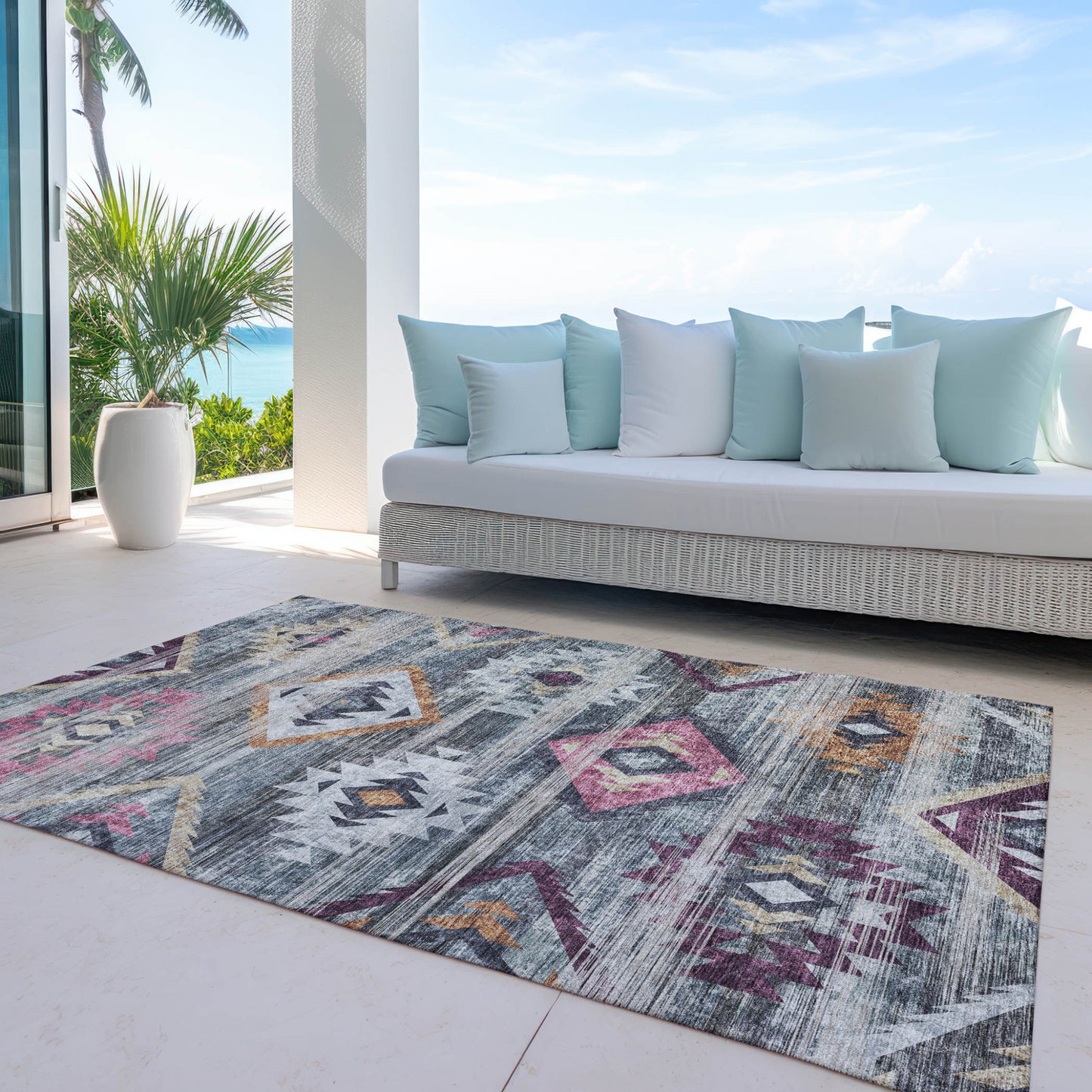 8' X 10' Gray Charcoal And Silver Southwestern Washable Indoor Outdoor Area Rug-8