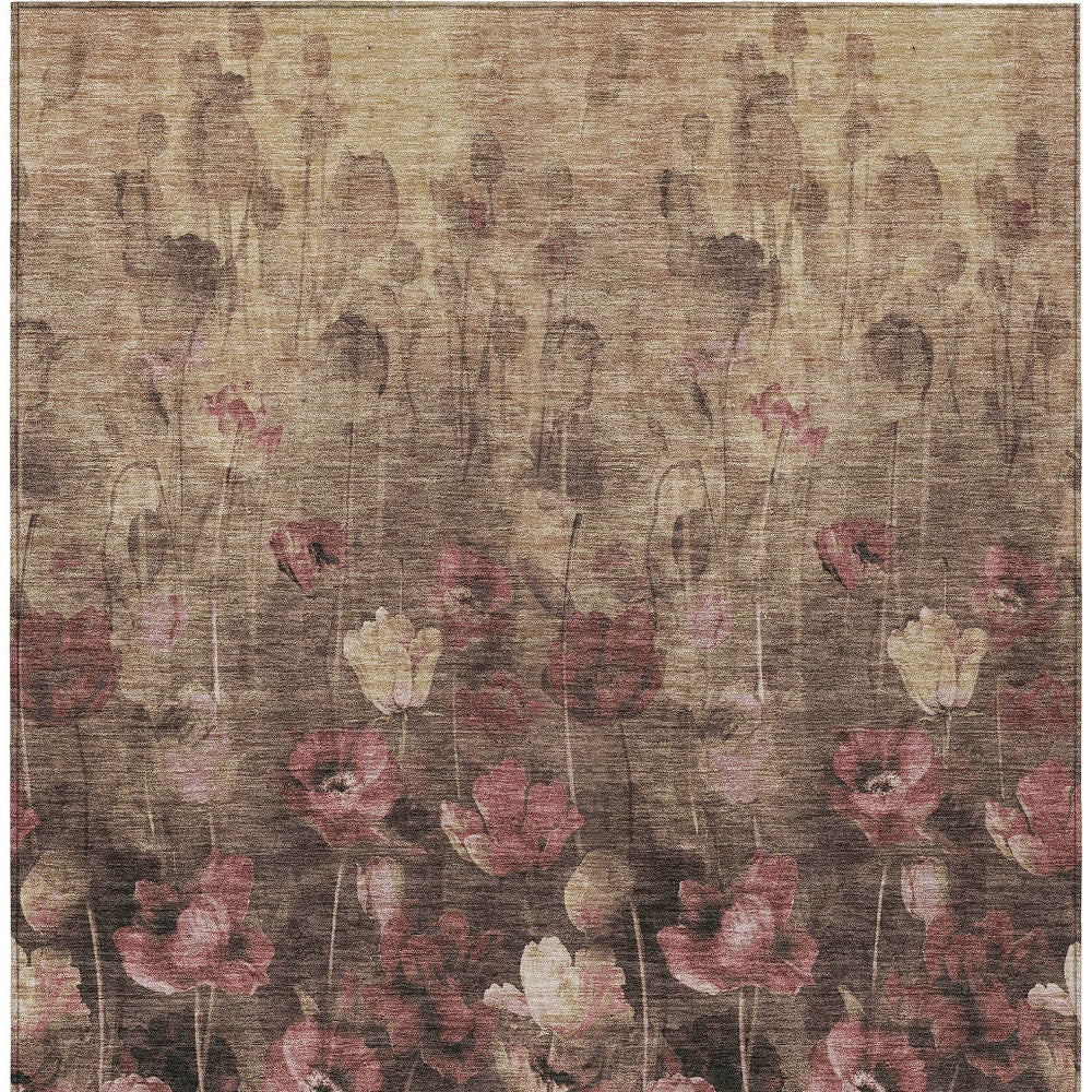 Taupe Brown Pink Floral Washable Indoor Outdoor Area Rug 9x12
