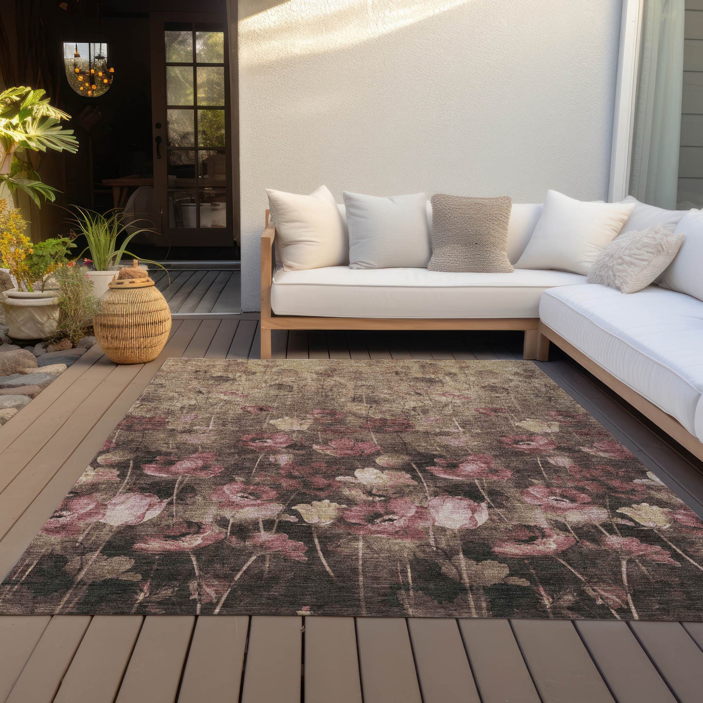 Taupe Brown Pink Floral Washable Indoor Outdoor Area Rug 9x12