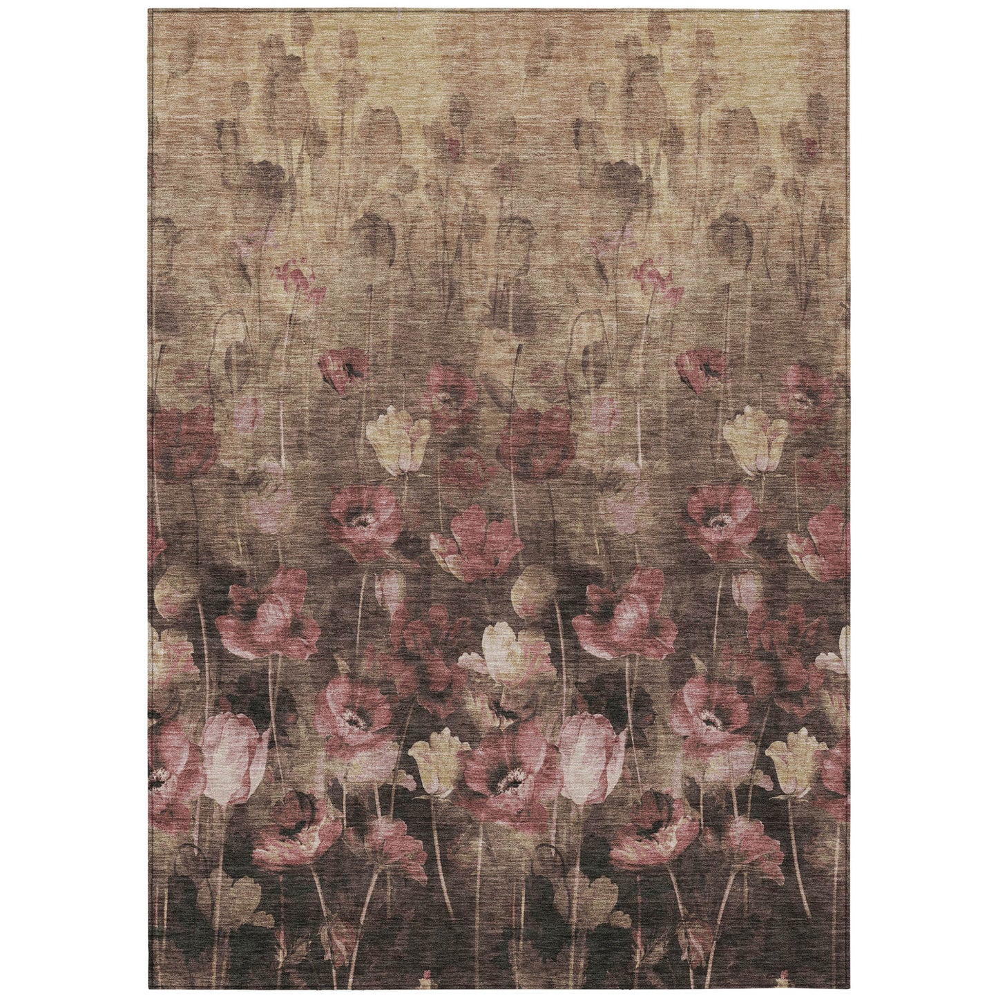Taupe Brown Pink Floral Washable Indoor Outdoor Area Rug 9x12