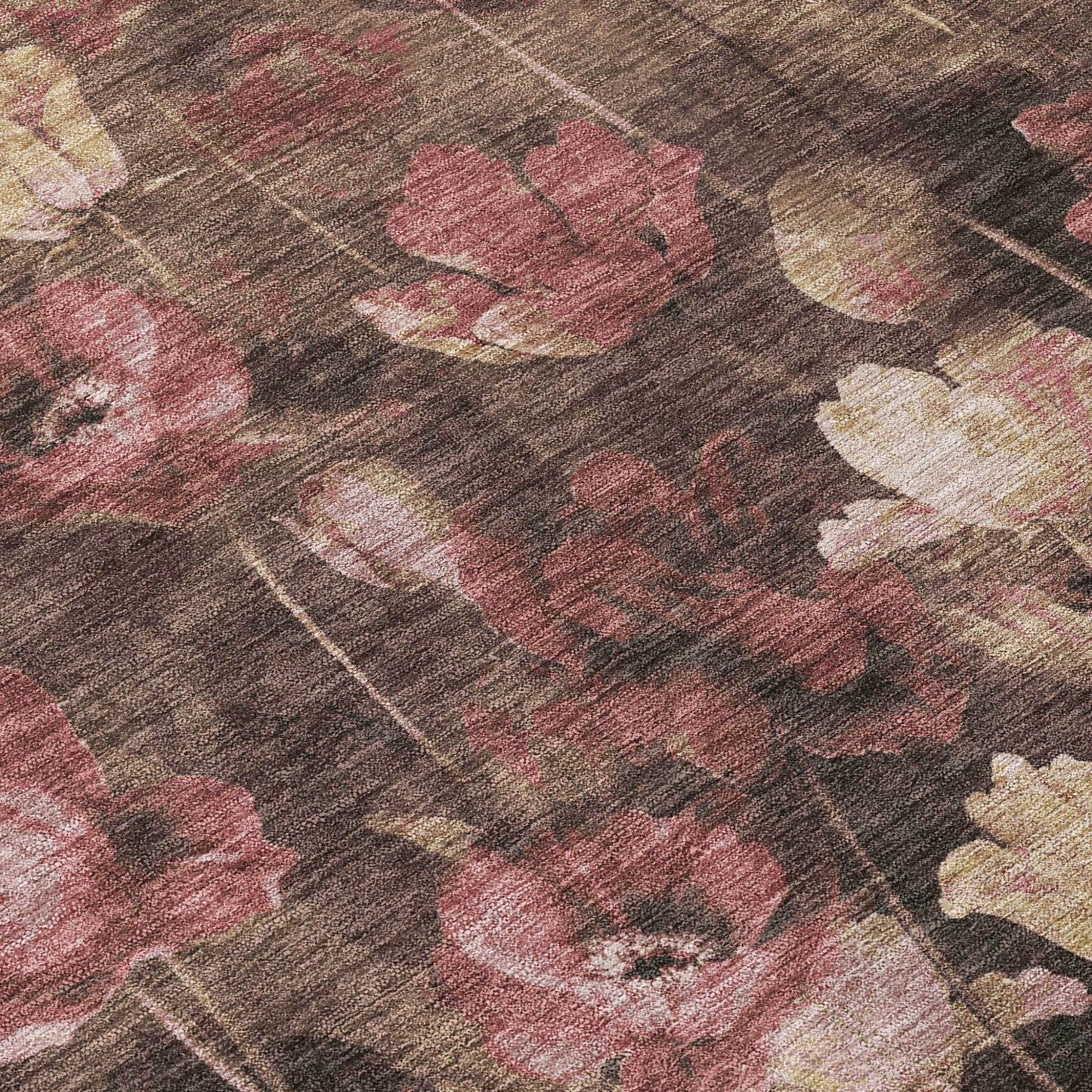 Taupe Brown Pink Floral Washable Indoor Outdoor Area Rug 9x12