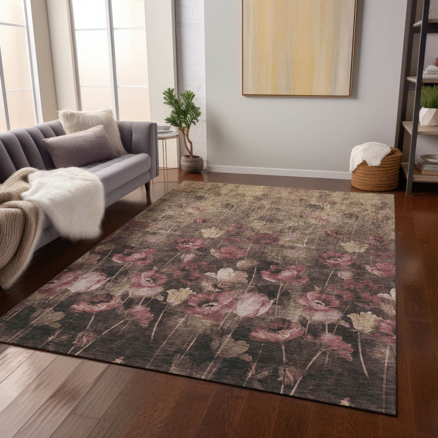 Taupe Brown Pink Floral Washable Indoor Outdoor Area Rug 9x12