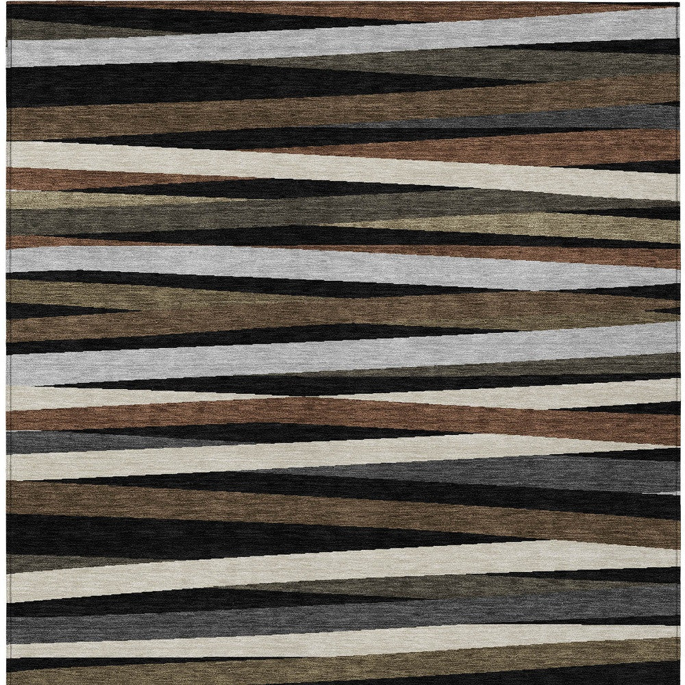 9x12ft Black Brown Ivory Striped Washable Indoor Outdoor Area Rug