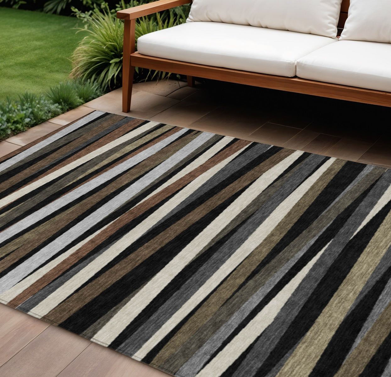 9x12ft Black Brown Ivory Striped Washable Indoor Outdoor Area Rug