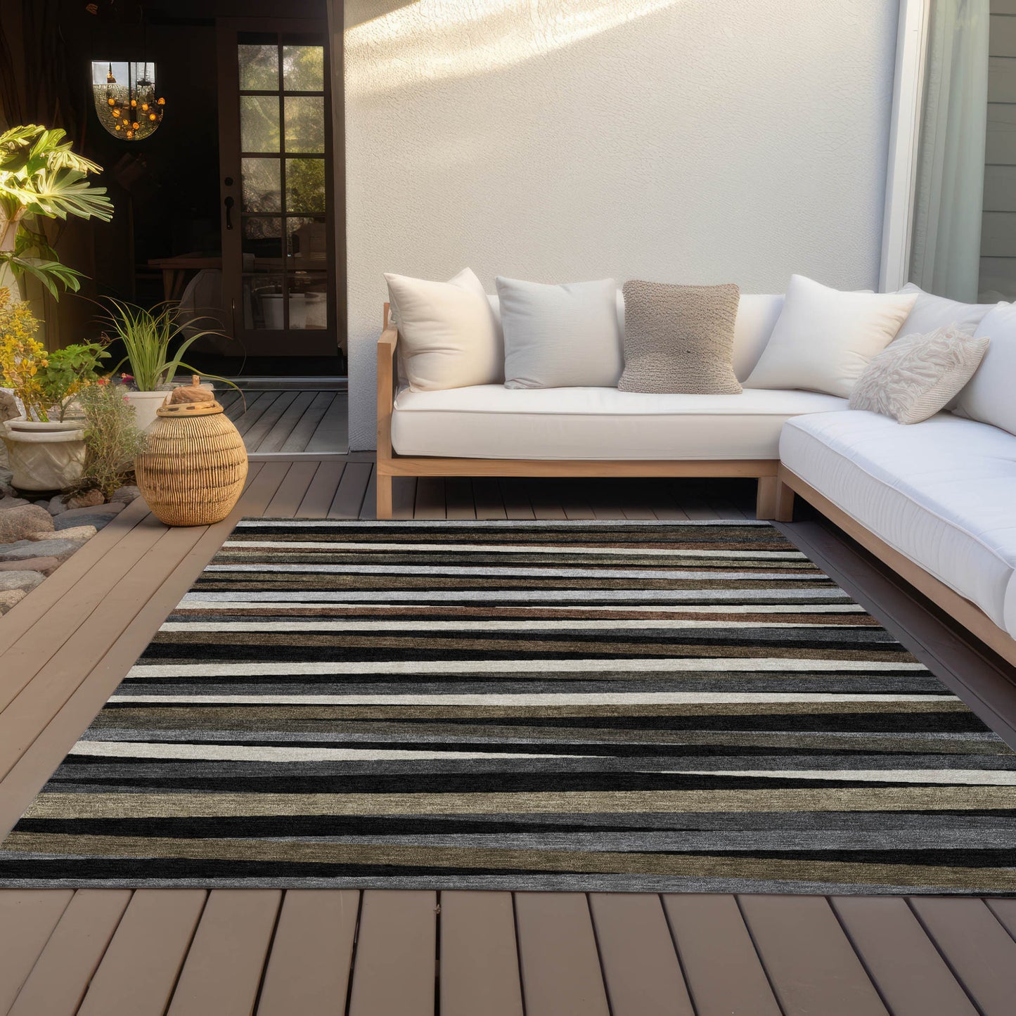 9x12ft Black Brown Ivory Striped Washable Indoor Outdoor Area Rug