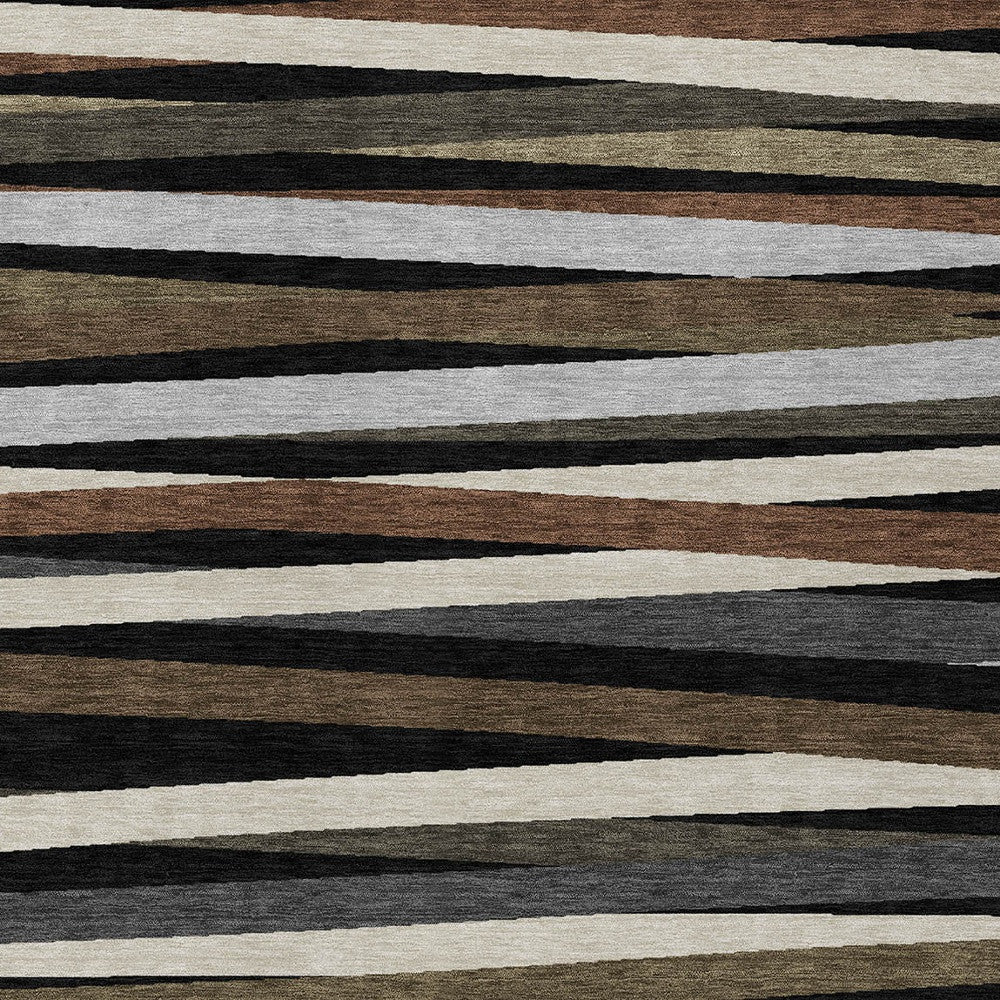 9x12ft Black Brown Ivory Striped Washable Indoor Outdoor Area Rug