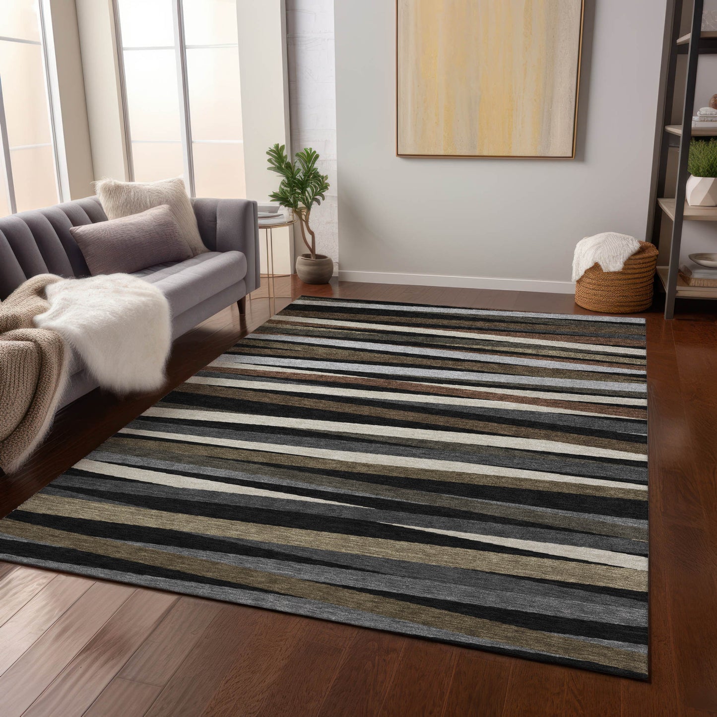 9x12ft Black Brown Ivory Striped Washable Indoor Outdoor Area Rug