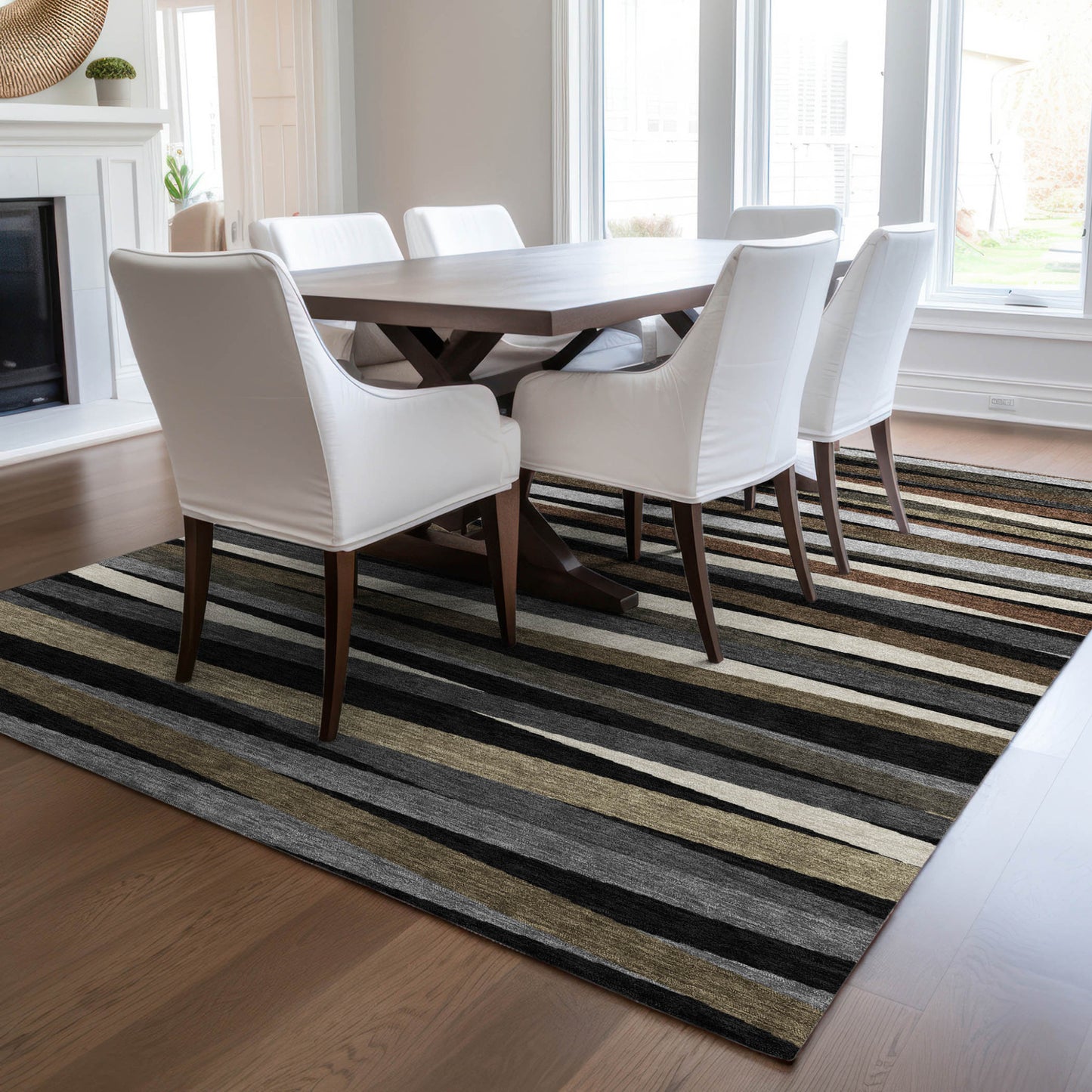 9x12ft Black Brown Ivory Striped Washable Indoor Outdoor Area Rug