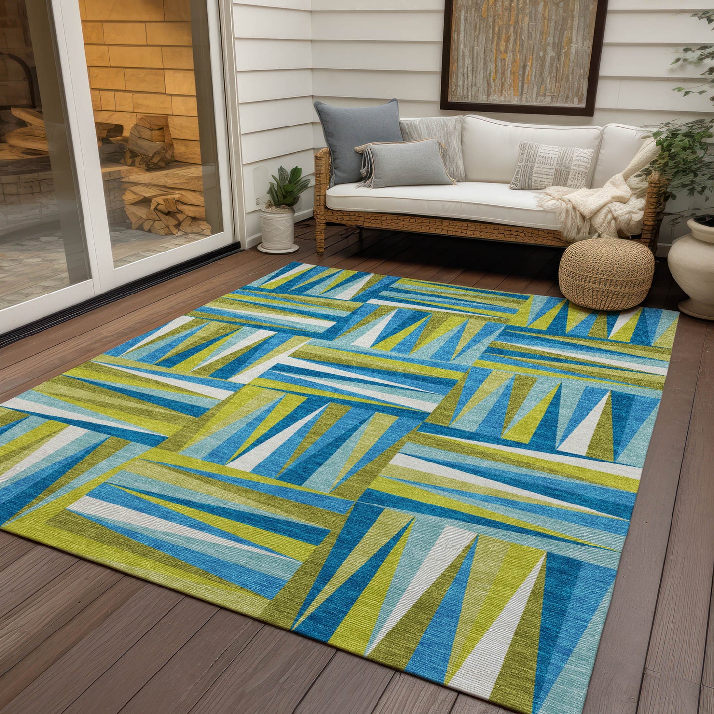 Teal Blue Green Ivory Geometric Indoor Outdoor Area Rug Waterproof Heavy Duty Polyester