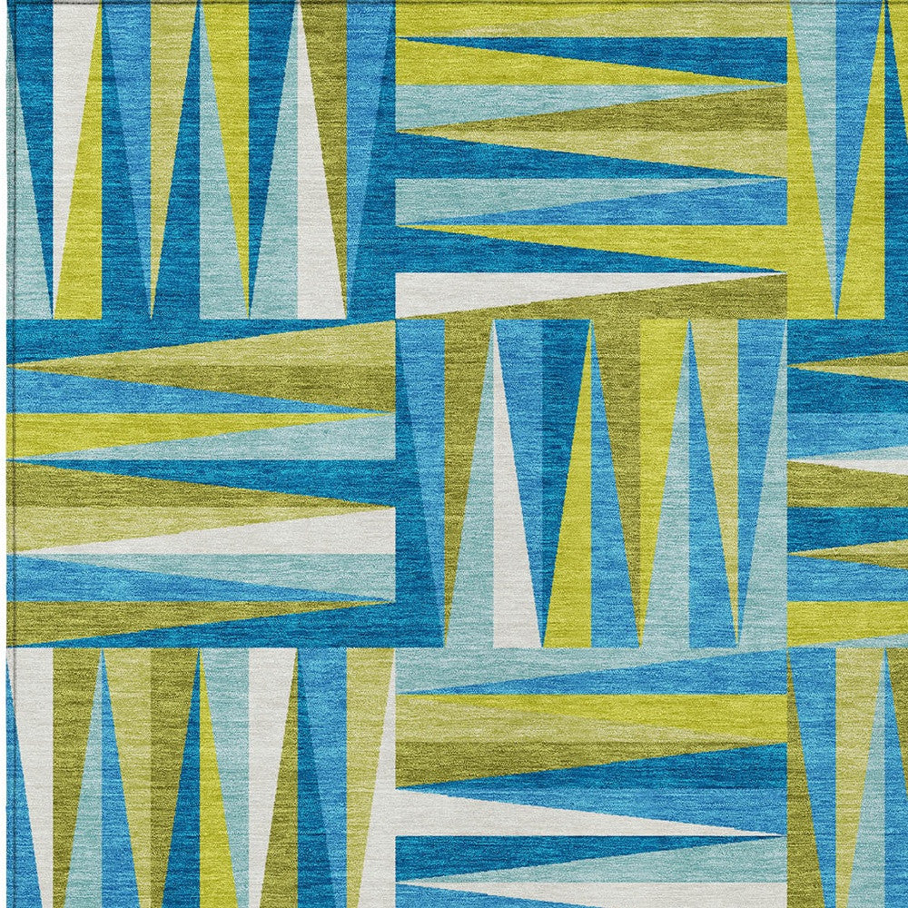 Teal Blue Green Ivory Geometric Indoor Outdoor Area Rug Waterproof Heavy Duty Polyester