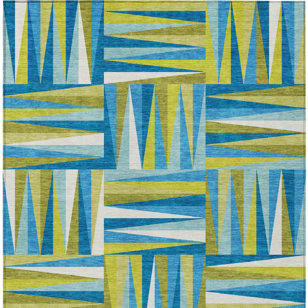 Teal Blue Green Ivory Geometric Indoor Outdoor Area Rug Waterproof Heavy Duty Polyester
