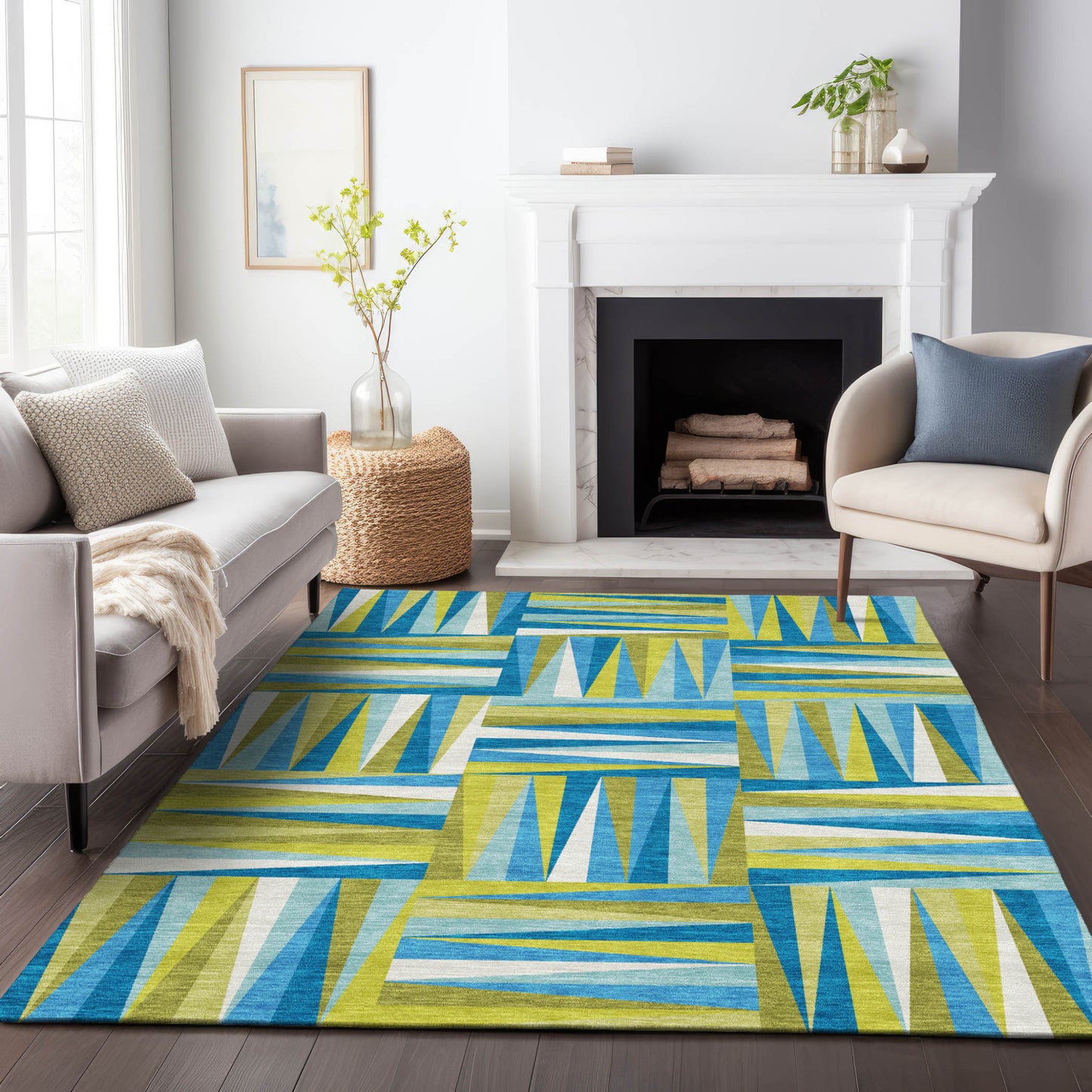 Teal Blue Green Ivory Geometric Indoor Outdoor Area Rug Waterproof Heavy Duty Polyester