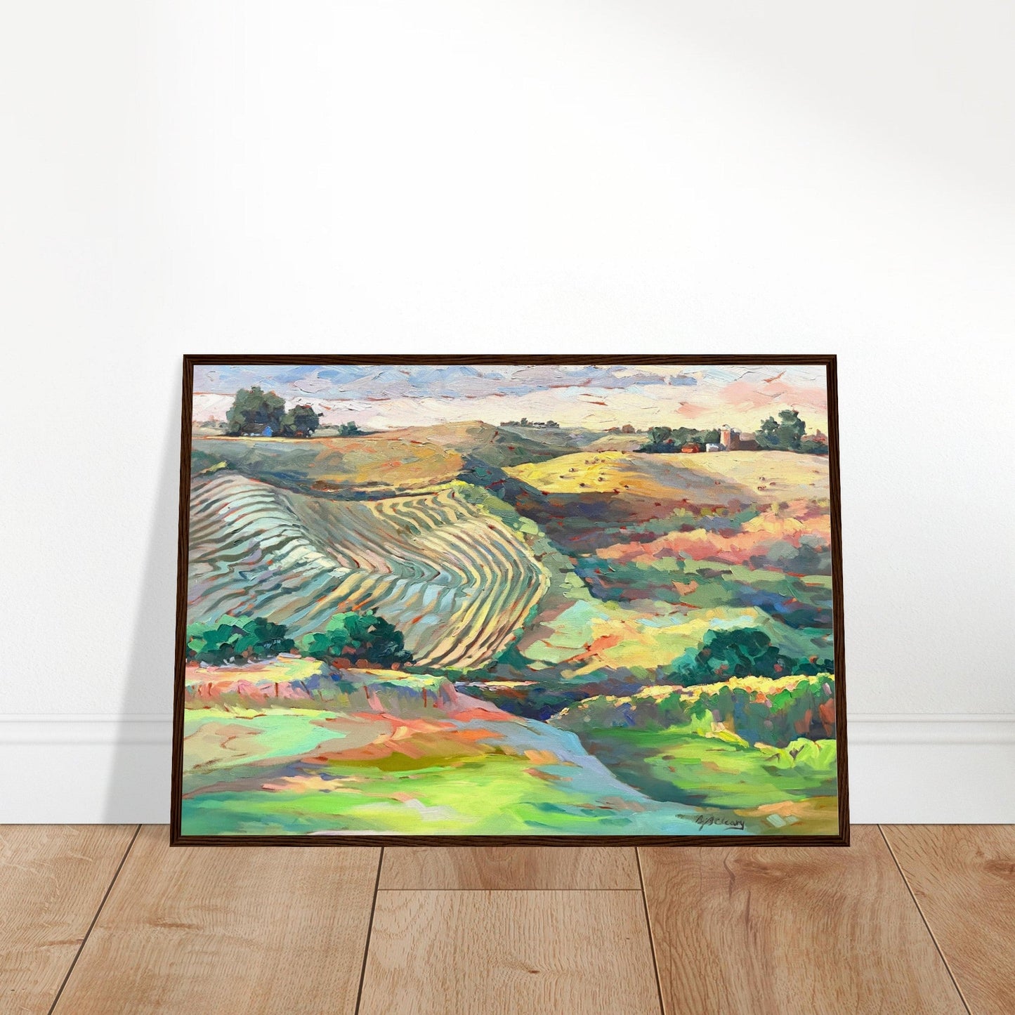 "Golden Sunset Over Rolling Hills" Landscape | 20x28 inch Wooden Framed Art Print | Original Artwork by American Artist Barbara Cleary