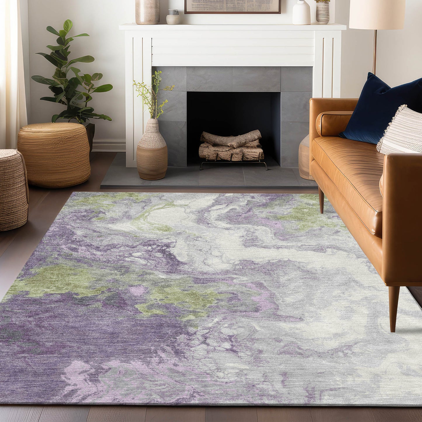 Lavender Fern Green Abstract Indoor Outdoor Area Rug 8x10ft Waterproof Rug