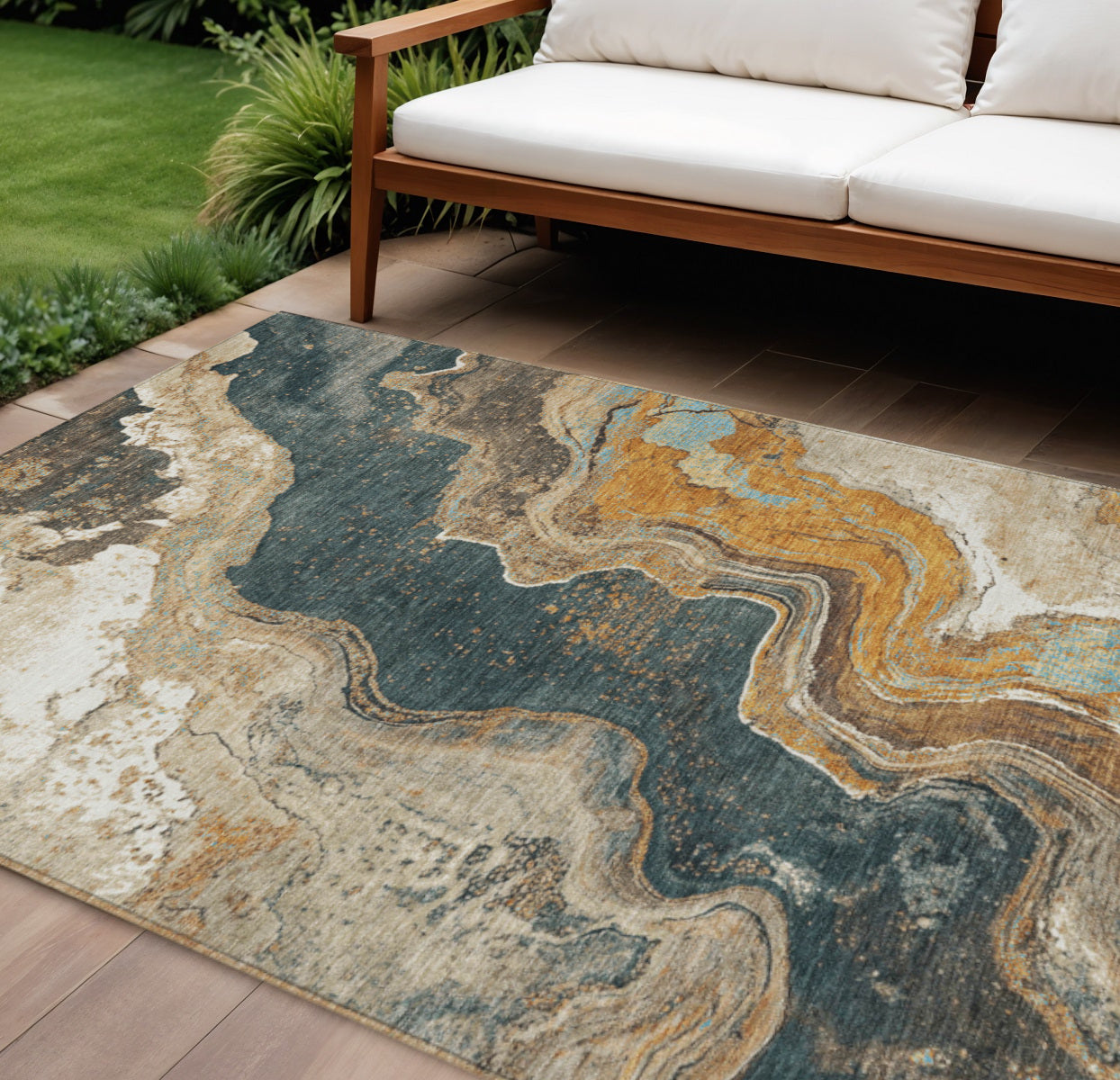 10' X 14' Wheat And Charcoal Abstract Washable Indoor Outdoor Area Rug