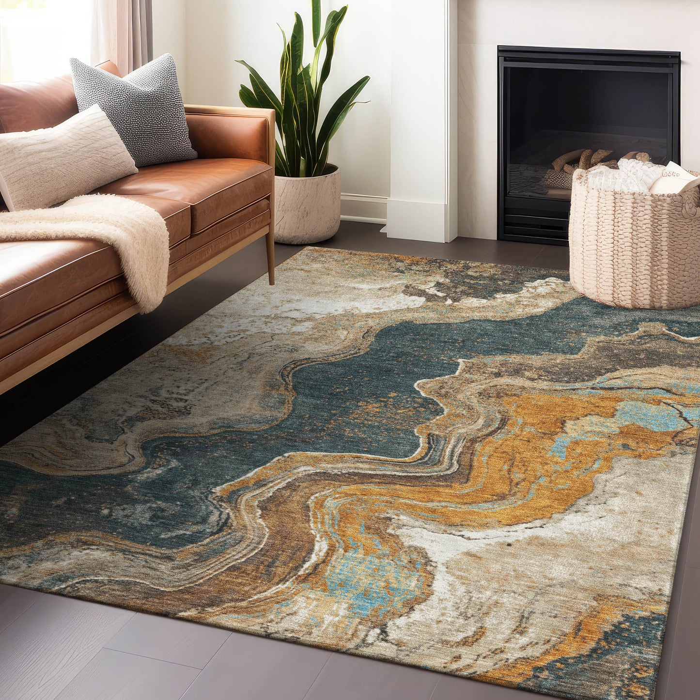 10' X 14' Wheat And Charcoal Abstract Washable Indoor Outdoor Area Rug