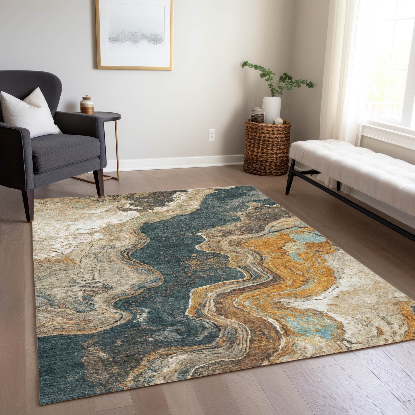 10' X 14' Wheat And Charcoal Abstract Washable Indoor Outdoor Area Rug
