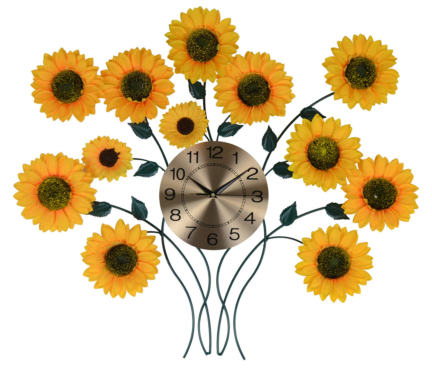 31" Yellow Green And Gold Metal Silent Analog Sunflower Floral Wall Clock-1
