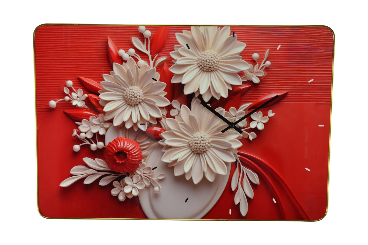 24'' White Red Black Solid Wood Acrylic Silent Analog Floral Wall Clock-1