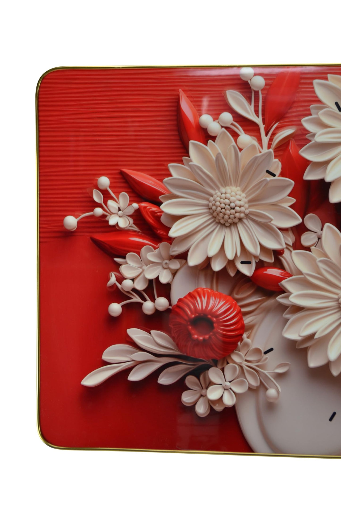 24'' White Red Black Solid Wood Acrylic Silent Analog Floral Wall Clock-3