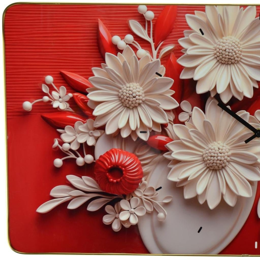 24'' White Red Black Solid Wood Acrylic Silent Analog Floral Wall Clock-4