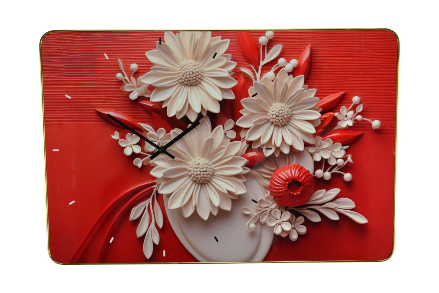 24'' White Red Black Solid Wood Acrylic Silent Analog Floral Wall Clock-5