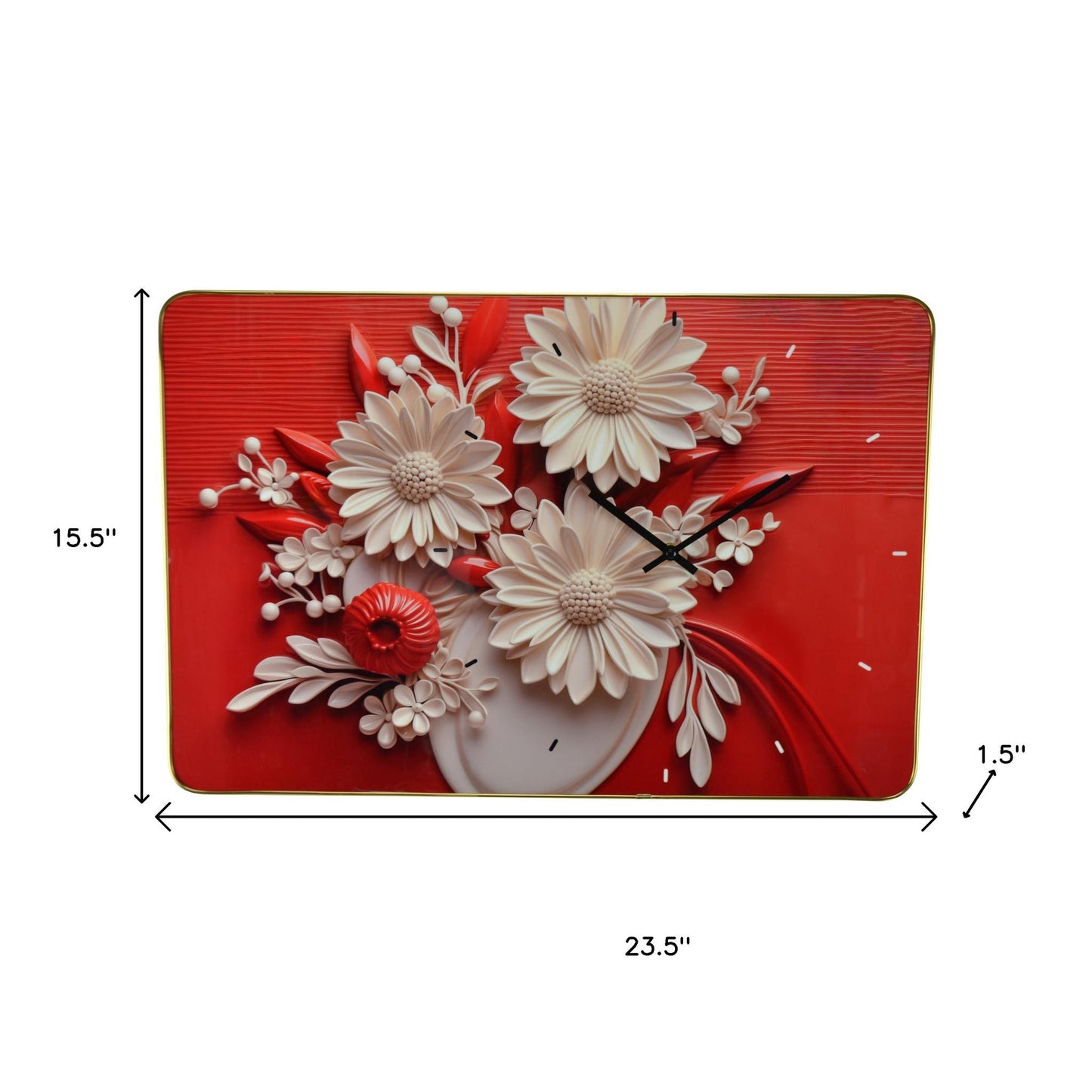 24'' White Red Black Solid Wood Acrylic Silent Analog Floral Wall Clock-6