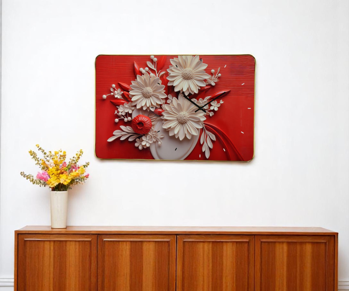24'' White Red Black Solid Wood Acrylic Silent Analog Floral Wall Clock-0