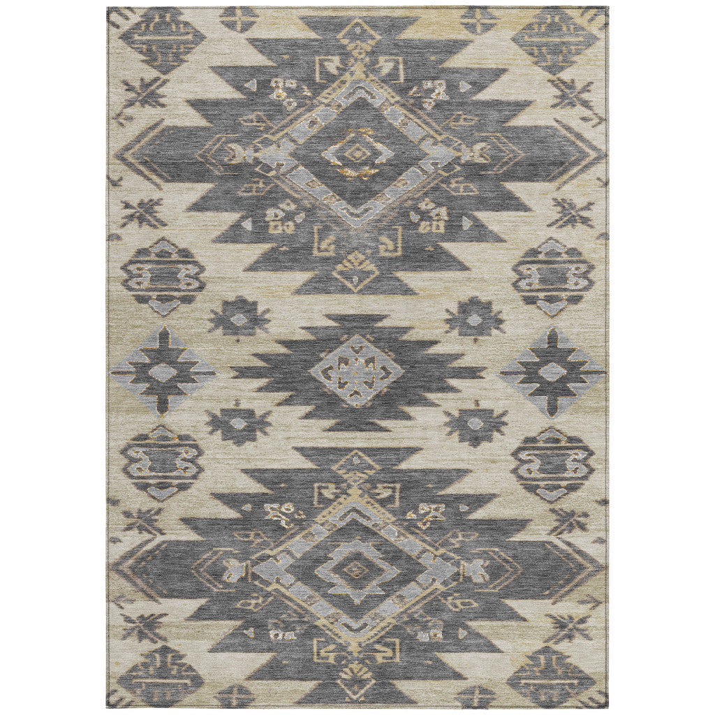 5ftx8ft Beige and Gray Tribal Washable Indoor Outdoor Rug