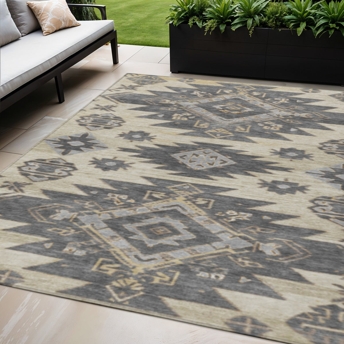 5ftx8ft Beige and Gray Tribal Washable Indoor Outdoor Rug