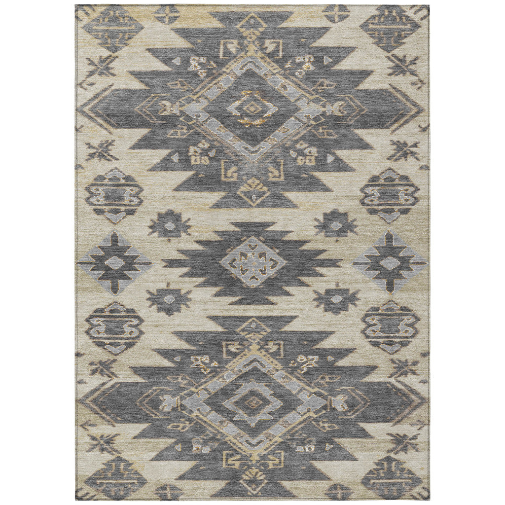 5ftx8ft Beige and Gray Tribal Washable Indoor Outdoor Rug
