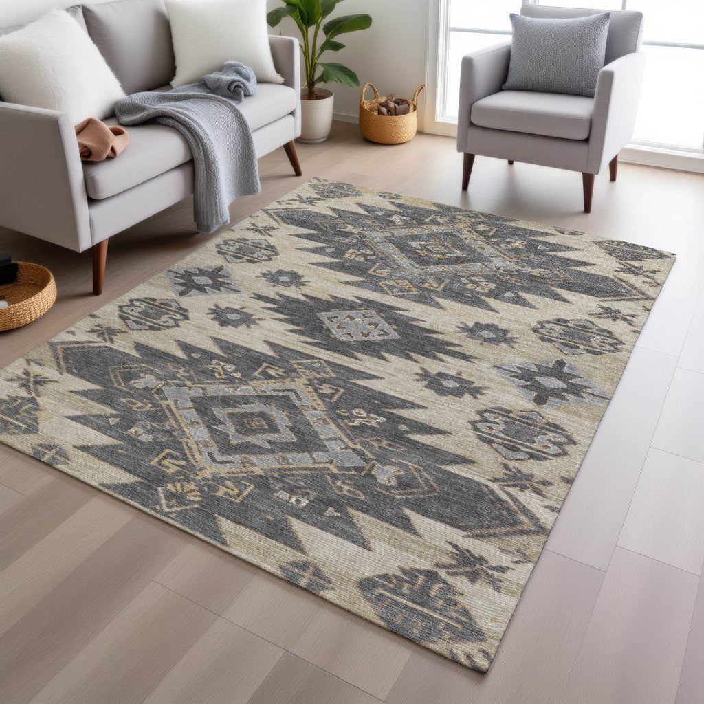 5ftx8ft Beige and Gray Tribal Washable Indoor Outdoor Rug