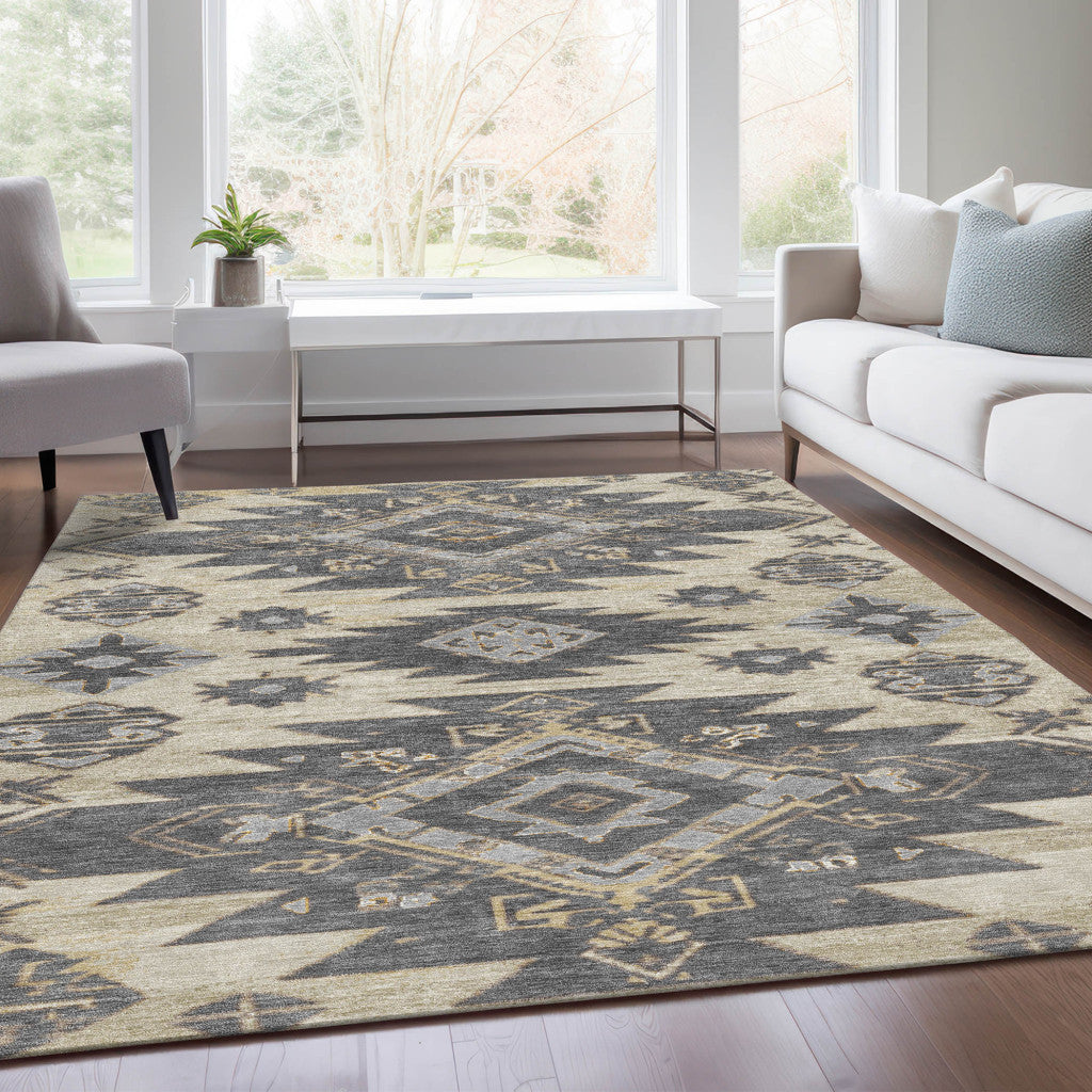 5ftx8ft Beige and Gray Tribal Washable Indoor Outdoor Rug